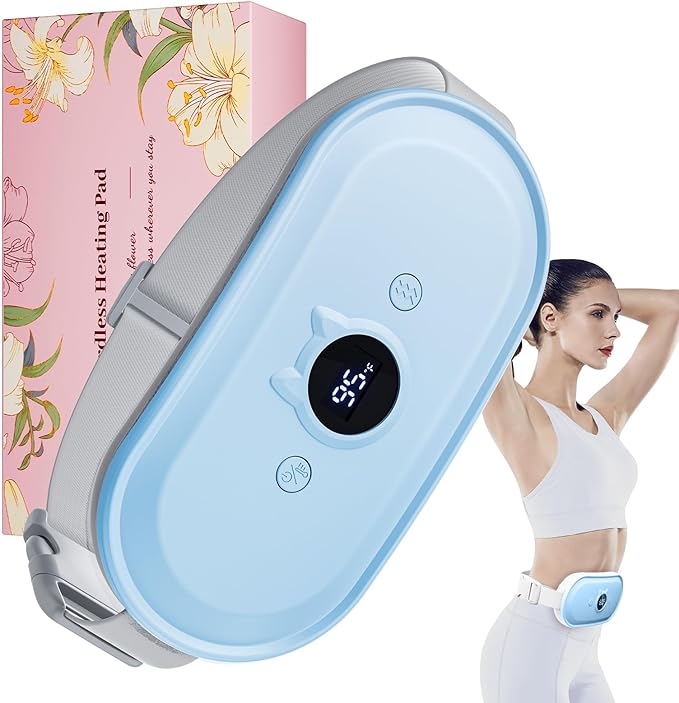Portable Heating Pad for Period Cramps Relief Vibrating Menstrual Heating Belt for Women, Fast Heat with 7 Heat Levels and 7 Modes for Menstrual, Pain Relief for Back & Stomach-Blue