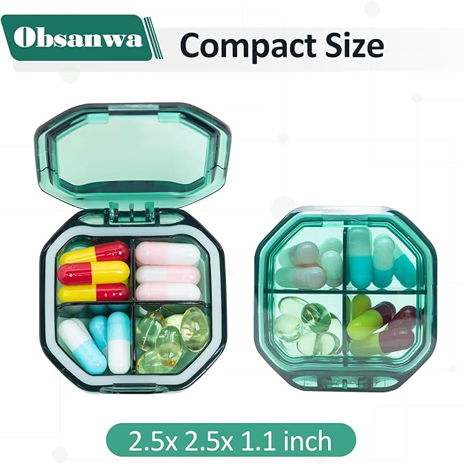 Daily Pill Organizer, 2 Pack 4 Compartments Small Pill Box Portable Pill Case, Travel Pill Organizer for Purse Pocket to Hold Vitamins, Cod Liver Oil, Supplements and Medication (Green+Grey)