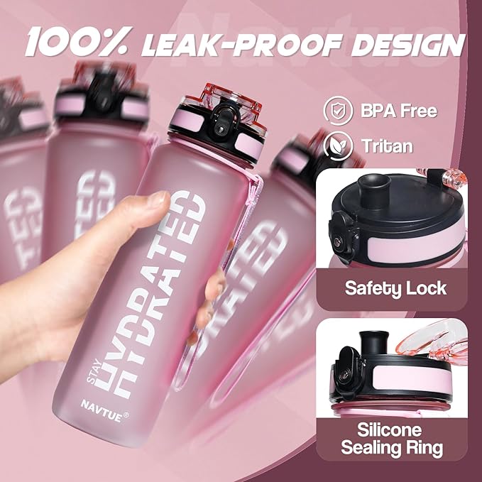 Water Bottle, 32oz Sports Water Bottles with Time Marker Wide Mouth, Motivational and Leakproof Drink Bottle, BPA Free Tritan with Carry Strap for Gym Fitness Outdoor (1 Bottle)