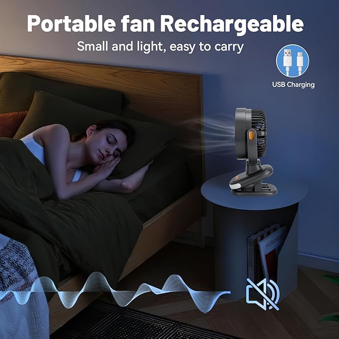 Portable Clip on Fan, Battery Operated Small Powerful USB Desk Fan with Night Light & LED Display Screen, Mini Table Fan, 360° Rotate Personal Fan for Home Office Stroller Camping (Gray)