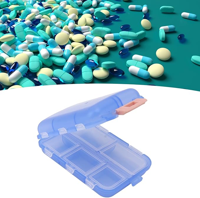 Travel Pill Organizer, Plastic 10 Compartments Pill Case Portable Pill Box Buckle Lock Weekly Portable Pill Holder Container for Purse (Blue)