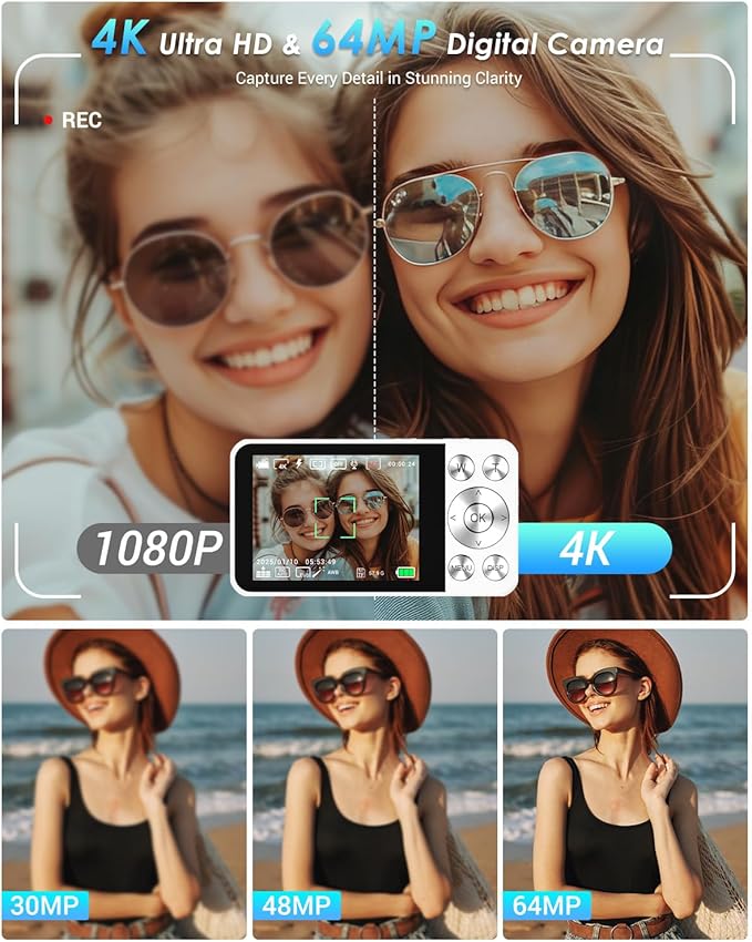 4K Digital Camera, Wevoor 64MP Point and Shoot Digital Camera with Autofocus, 18X Zoom, 20 Filters, 64GB SD Card, 2000 mAh Battery, 2.8" Screen Compact Vlogging Camera for Beginners Teens Adult(White)