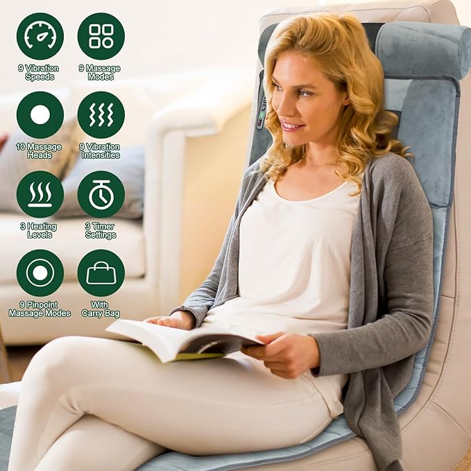 Full Body Massage Mat with Heat, 10 Motors Vibration Massage Chair Pad with 3 Timer Settings, Multifunctional Full Body Relaxation Seat Back Massager for Indoor Bed Sofa Chair
