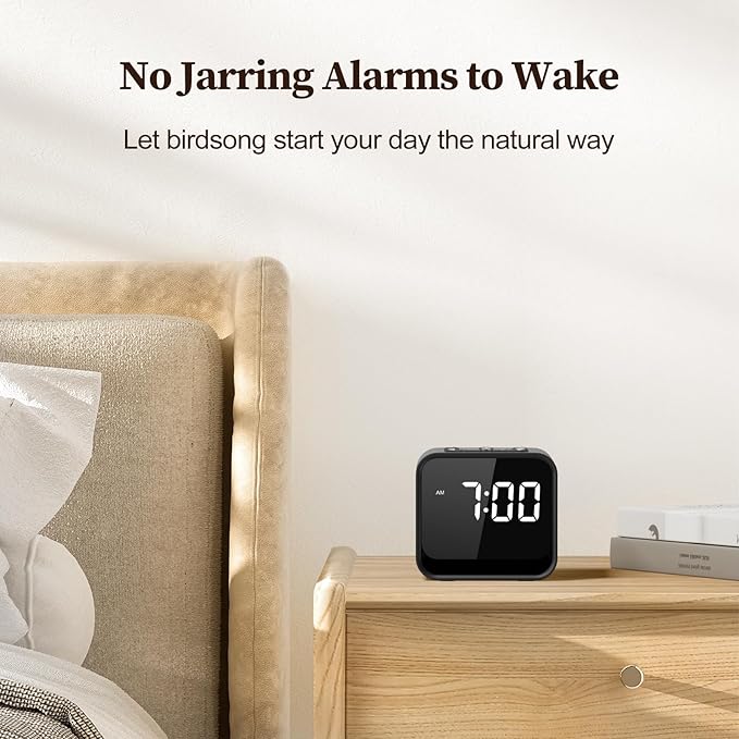 HOUSBAY Wooden Sound Machine Alarm Clock for Bedrooms - Gentle Wake-Up with Birdsong, White Noise for Sleeping, Small Digital Clock for Phone-Free Routine - Charcoal Wood