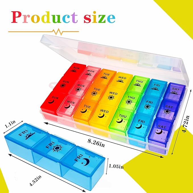 Weekly Pill Organizer 3 Times a Day, Large Pill Box 7 Day, Medicine Organizer Box, Pill Case Container, Daily Pill Organizer for Vitamins/Fish Oils.