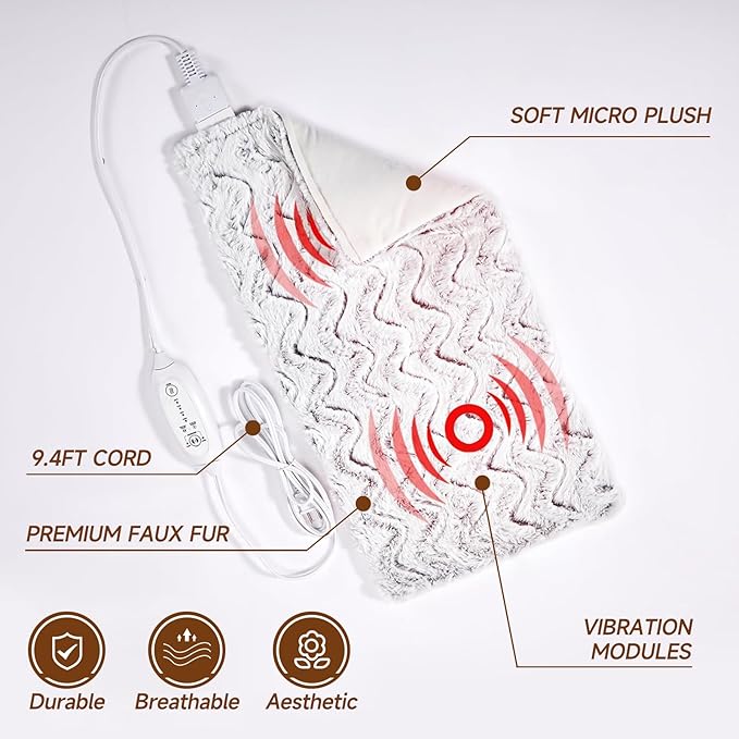Heat Massaging Weighted Heating Pad for Back Pack, Weighted Electric Heating Pad with Massaging Vibrations 3.7lb Non-Toxic Beads 4 Heat Settings 4 Massage Modes 2h Auto-Off (Grey White, 12"x24")