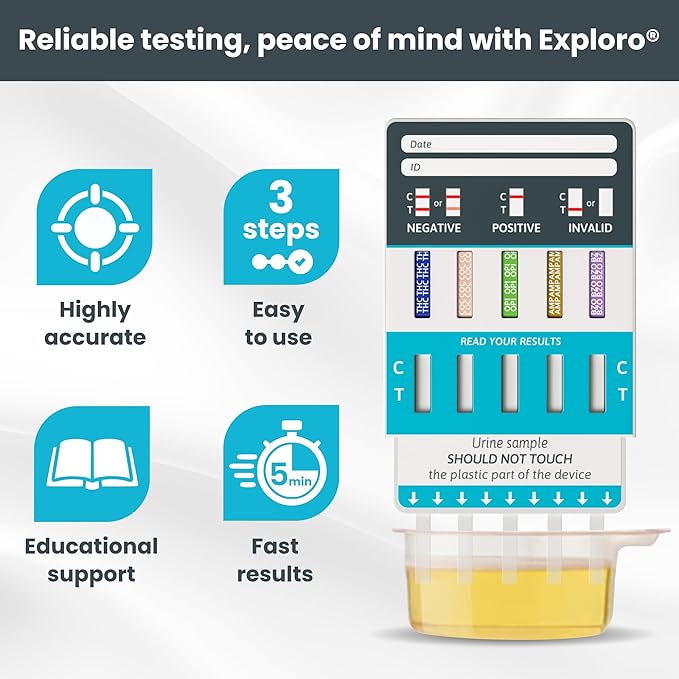 Exploro 5 Panel Drug Test Kit – At Home Urine Drug Test for THC, Cocaine, Opiates, Amphetamines & Benzodiazepines – Rapid & Accurate & Easy At Home Drug Testing Strips (Pack of 7)