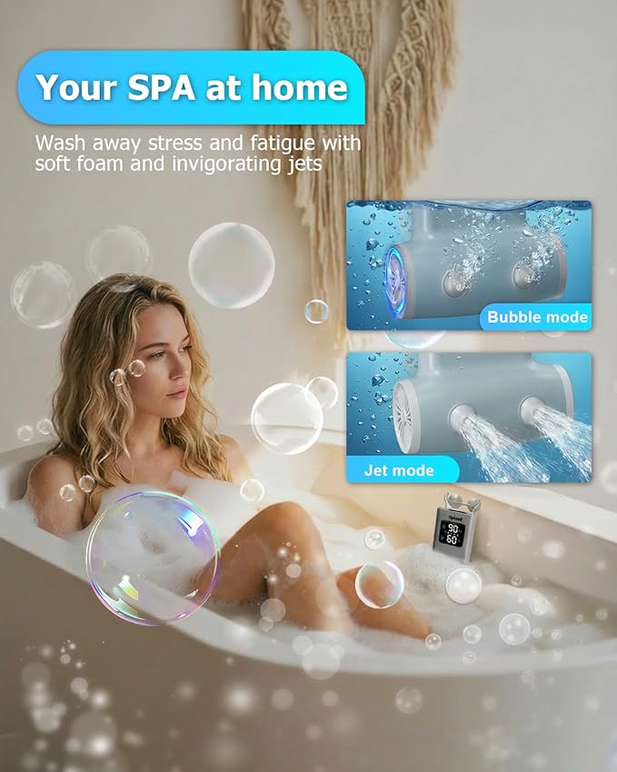 Portable Bath Jets for Tub: 5-Speed Jet Spa for Bathtub with LED Display, Bath Jet/Bubble Mode, Rechargeable Bath Jets, Dual Water Outlet, IPX8 Waterproof, Ideal Gift for Home - Blue