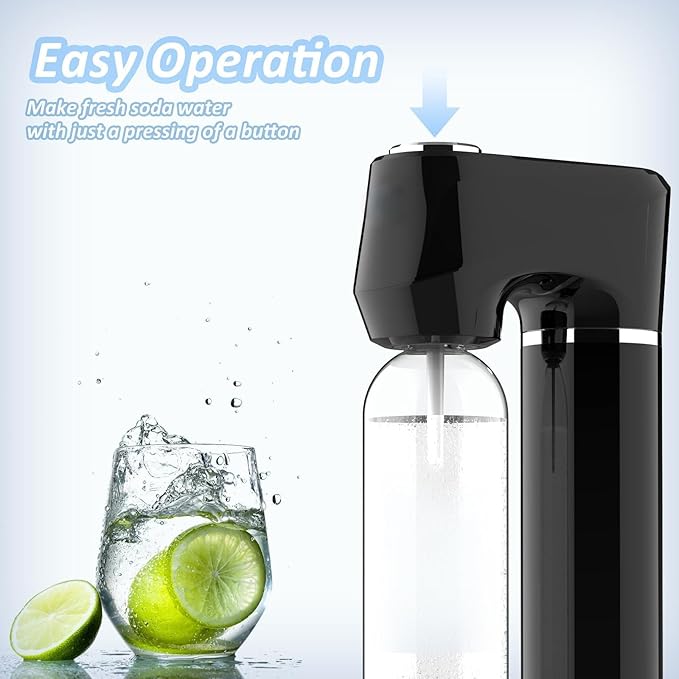 Home Sparkling Water Soda Maker with 2 BPA-Free Bottles (1L + 0.5L) - Carbonated Water Seltzer Fizzy Drink Machine, Compatible with Screw-In 60L CO2 Carbonator (Not Included), Black