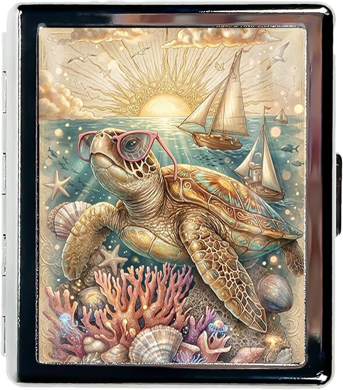 Metal 7 Day Pill Organizer, Weekly Pill Case 8 Compartments, Travel Pill Box for Purse & Pocket, Small Medicine & Vitamin Organizer, PP Dividers, Secure Clasp (Sea Turtle)
