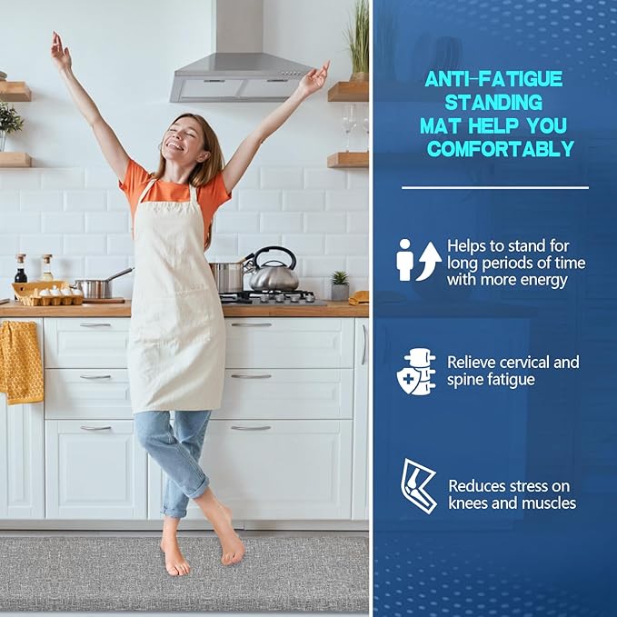 Anti Slip 7/8 inchs Anti Fatigue Kitchen Floor Mat, Ergonomic Comfort Standing Mat, Waterproof Kitchen Runner for Home, Kitchen, Office, Laundry, Garage (Light Gray, 17.3" x 95" -0.87")