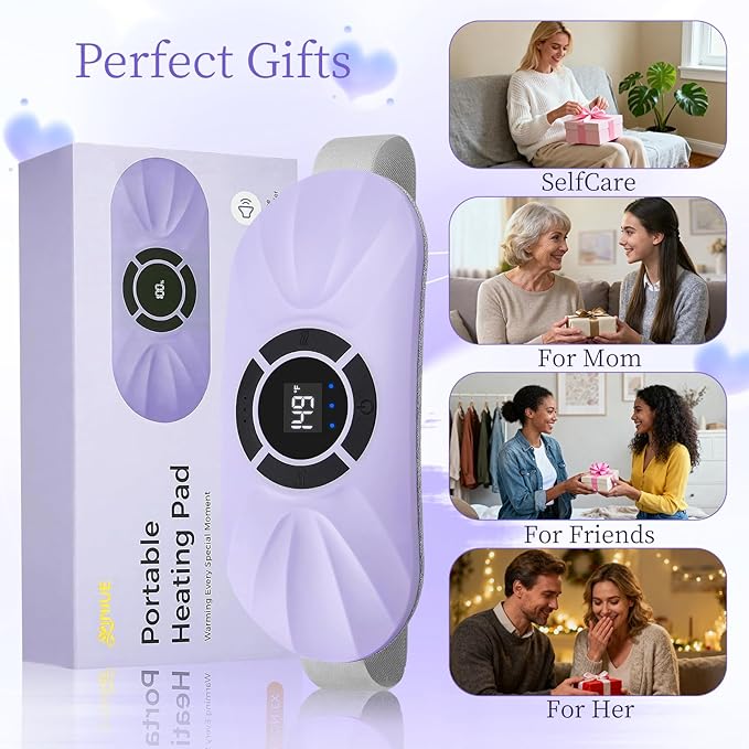 Portable Heating Pad for Period Cramps Relief Vibrating Menstrual Heating Belt for Women, Rechargeable Fast Heat with 6 Heat Levels and 6 Modes for Menstrual, Pain Relief for Back & Stomach (Purple)
