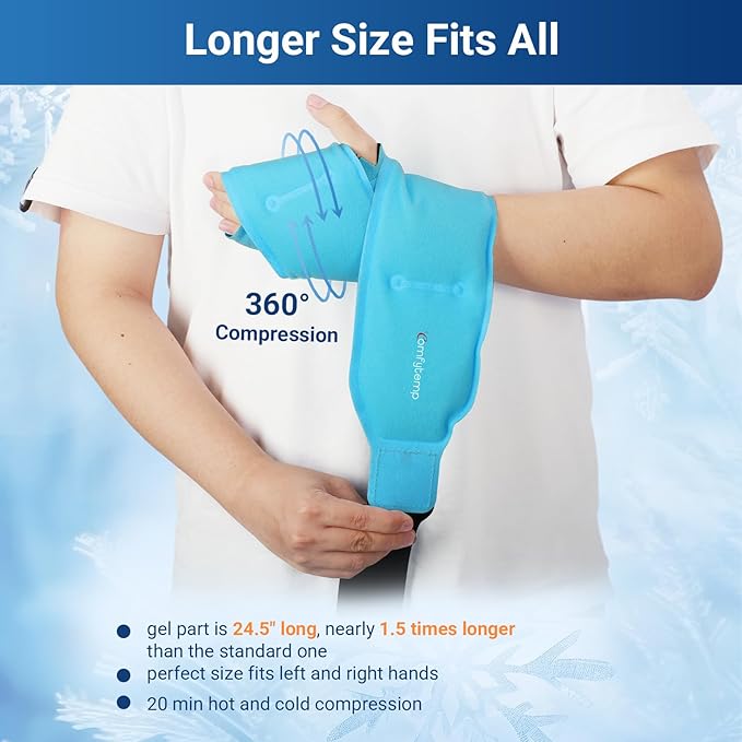 Comfytemp Longer Wrist Ice Pack Wrap for Carpal Tunnel Relief, Reusable Gel Wrist Brace Hot Cold Compress for Hand Pain Injury, Arthritis