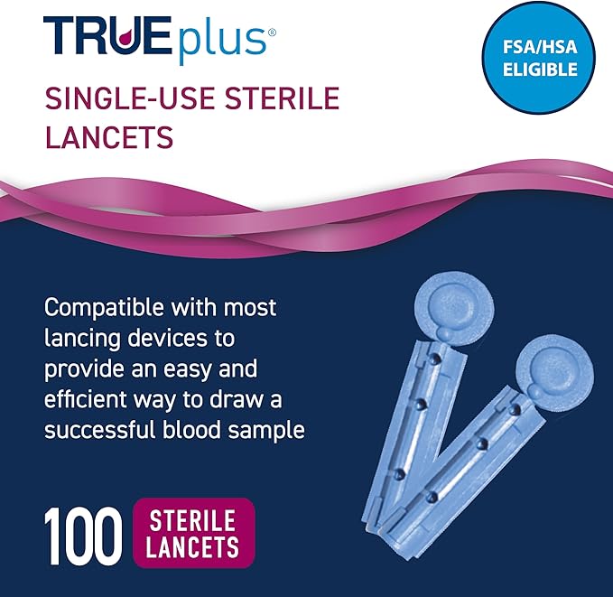 TRUE METRIX Self Monitoring Blood Glucose Test Strips and TRUEplus 30g Lancets Bundle, TRUE METRIX Family of Self Monitoring Blood Glucose Meters, 100 Count Strips, 100 Count Lancets