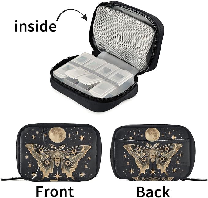 Moth Moon Pill Organizer Travel Bag Compact Twill Pouch with Insert Box & Elastic Slots for Daily Medication Gym & Hotel Use