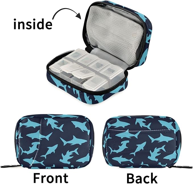 Fustylead Sharks Pill Organizer Case with Zipper 2 Times A Day for Vitamin and Supplement, 7 Day Travel Organizer Medicine Case