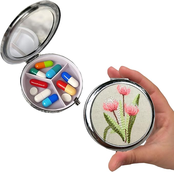 Leimandy Diameter 7cm Pill Case Pill Box with Mirror Retro 3 Compartment Pill Box Compact Mirror Moisture Proof Pill Case Travel Size Pill Case 7 Day Birthday Gift Mother's Day Gift L3 (Pink Tulip)