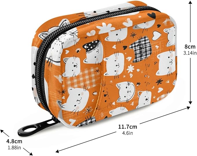 Checkered Orange Kittens Hearts Travel Pill Organizer Case Box Container Weekly Portable Vitamin Medicine Holder Storage Bag with Zipper Removable