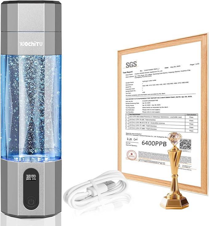 WochiTV Hydrogen Water Bottle Generator, 6400PPB High Concentration Portable Hydrogen Water Machine with SPE/PEM Tech & LED Display, 7oz Leak-Proof BPA-Free Bottle for Gym, Travel, Gifts DARK GRAY