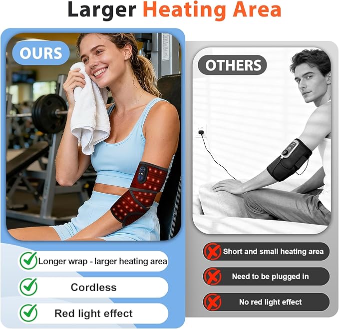 Cordless Heating Pad for Arm Elbow Wrist Leg Pain Relief, Red Light Knee Ankle Heating Pads, Heated Elbow Brace Wrap Heating Pad for Arm, Wrist, Ankle, Leg with 3 Heating Levels & Auto Shut-Off Timer