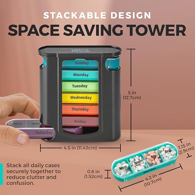 Weekly Pill Organizer, 1 Dispenser, 7 Stackable Compartments Four Times-a-Day - Morning, Noon, Evening, and Bedtime, Black (Case of 40)