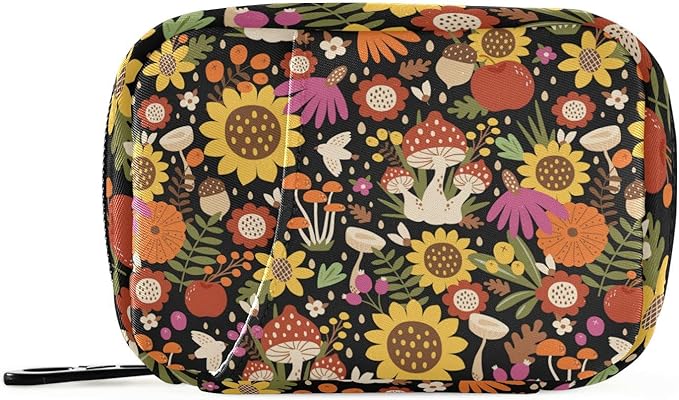 Pill Box Sunflower Mushroom 7 Day Pill Case Travel Pill Organizer Bag with Zipper Portable Weekly Vitamin Medicine Supplement Holder Pouch Bag