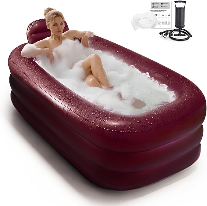 Inflatable Bathtub for Women, with Pillow Headrest - Portable Foldable Freestanding Hot Spa Bath Tub with Cover, Elegant Indoor One-Person Soaking Tub for Self-Care & Relaxation,Burgundy
