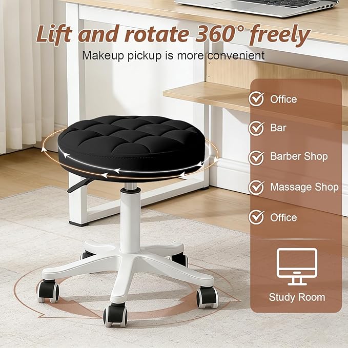 Small Rolling Stool with Wheels, PU Leather Height Adjustable Vanity Work Task Stool, 360 Swivel, Padded Seat Cushion,for Salon, Home, Office