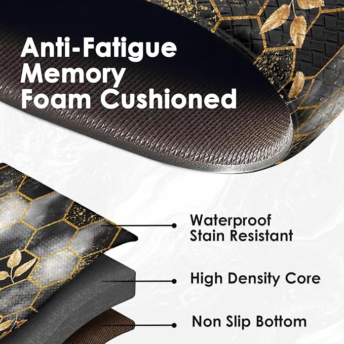 Arttown Marble Anti-Fatigue Kitchen Rug Set of 2 Black Gold Honeycomb Vintage Geometric Cushioned Floor Standing Mat Waterproof Non-Slip Kitchen Mat and PVC Ergonomic Comfort Foam Rug