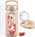 BLUEGO 64oz Glass Water Bottle with Handle and Straw, Motivational Sports Water Bottle with Time Marker and Silicone Sleeve Leakproof Drinking Bottle for Travel Gym Workout, Amber