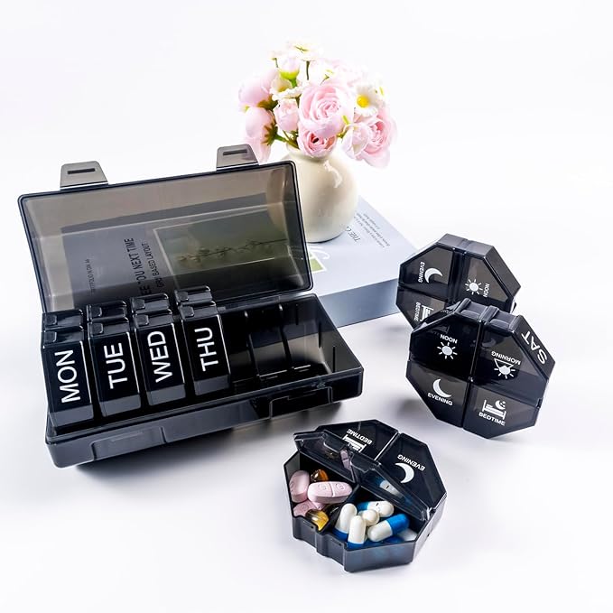 Weekly Pill Organizer 4 Time a Day，Pill Dispensers， Pill Box 7 Day with 28 Extra Large Compartments Portable Travel ，4 Times a Day Pill Case, for Medication/Vitamins/Fish Oils (Black)