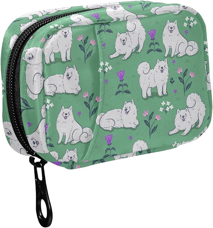 Fustylead Cute White Samoyed Dogs on A Green Meadow Pill Organizer Travel Portable Zipper Cloth Bag for Holding Weekly Supplements Vitamins and Fish Oils