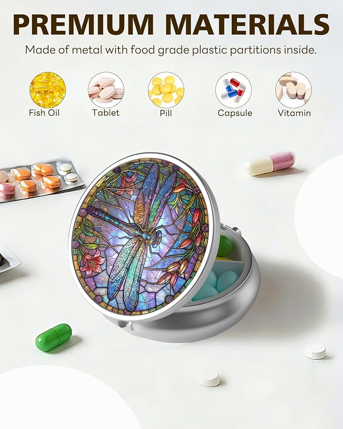 LRITER Pill Case, Portable Travel Pill Box, Pillbox Organizer, Cute Small Medicine Storage Container, Purse Accessories for Women, Men (Pill Case-Dragonfly A)