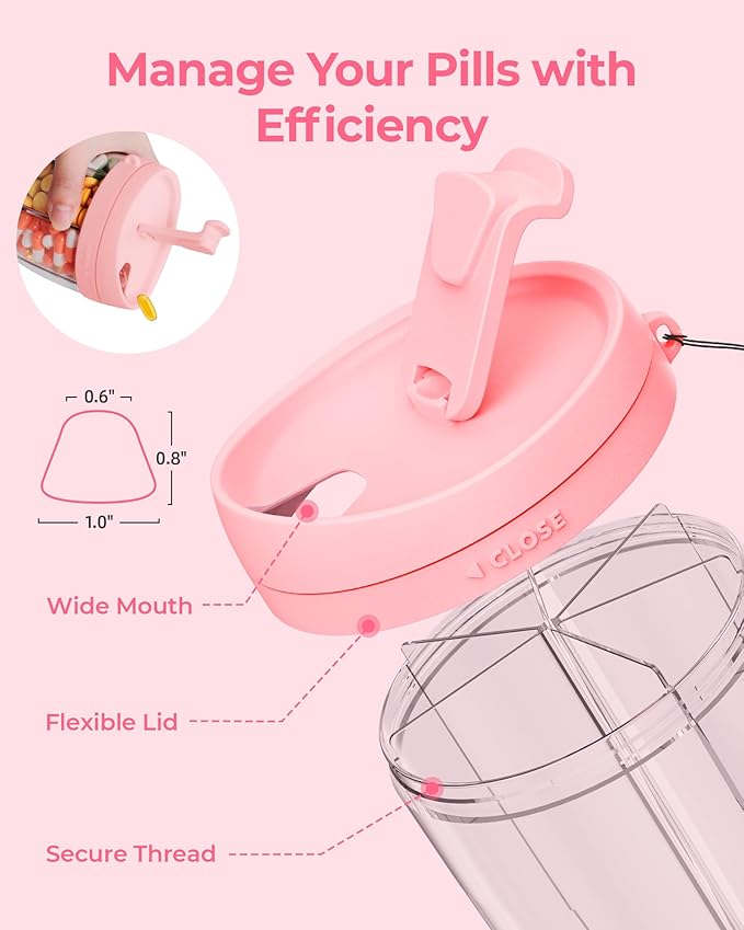 Large Pill Dispenser with 6 Compartments, Anti-Mix Pill Bottle Organizer with Wide Opening & Easy Retrieval, Vitamin Organizer for Travel, BPA-Free Pill Box with a Strap, Pink