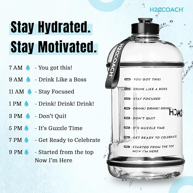H2OCOACH 1 Gallon Hydration Jug with Time Marker & Measurements, BPA-Free Tritan Sports Drink Container, Motivational Daily Intake Tracker for Gym, Workout, & Fitness Routines (128 oz)
