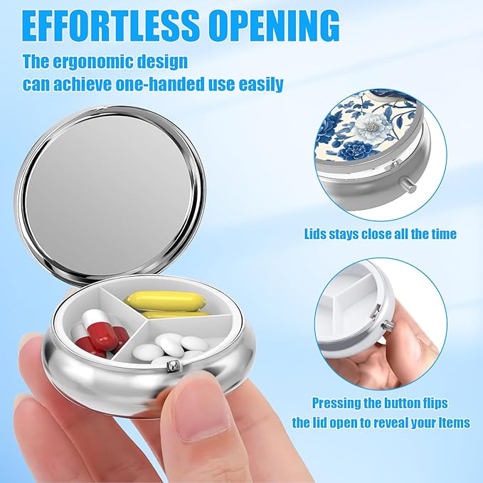 Blue Bird Blooming Flower Pill Case, Pill Box 3 Compartments Metal Small Pill Holder with Mirror Mini Travel Pill Container for Purse Pocket Women Men
