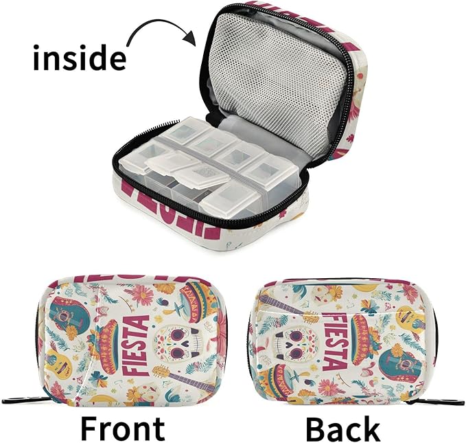 White Fiesta Guitars Skulls Hats Travel Pill Organizer Case Box Container Weekly Portable Vitamin Medicine Holder Storage Bag with Zipper Removable
