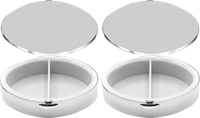 Set of 2 Oval-Shaped Pocket Purse Pill Box & Organizer with Dual Compartments (Silver Texture)