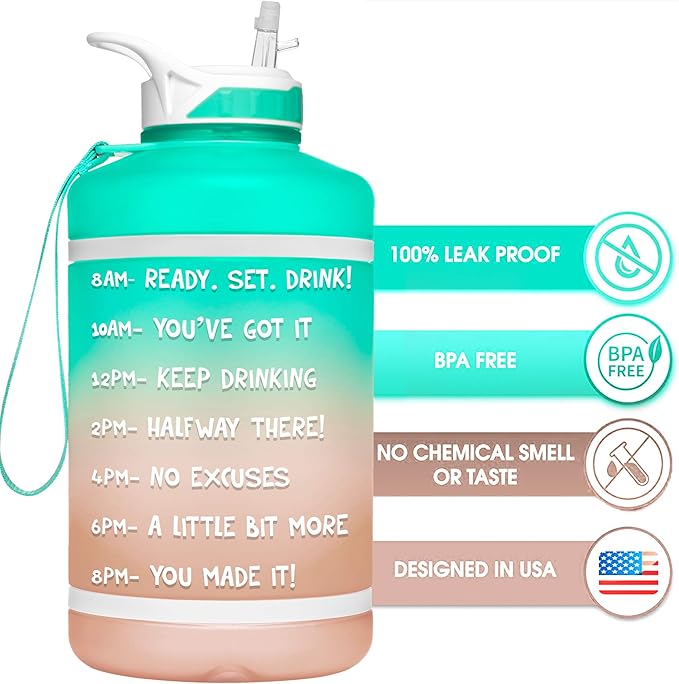 NatureWorks HydroMATE Half Gallon Water Bottle with Time Markers BPA Free Reusable Leak Proof Jug with Straw and Handle 64 oz