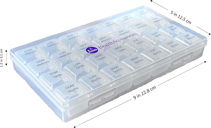 Spanish Pill Box 7 Day Four Times a Day Weekly Pill Planner Organizer - Large Compartment Pill Boxes Store medications for Entire Week. Cuatro veces al día Durante UNA semana.