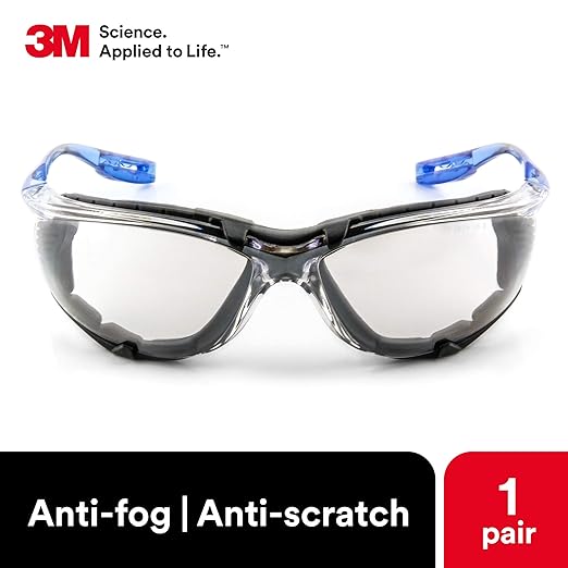 3M Safety Glasses, Virtua CCS, ANSI Z87, Anti-Fog, Indoor/Outdoor Mirrored Lens, Blue Frame, Corded Ear Plug Control System, Removable Foam Gasket (Pack of 2)