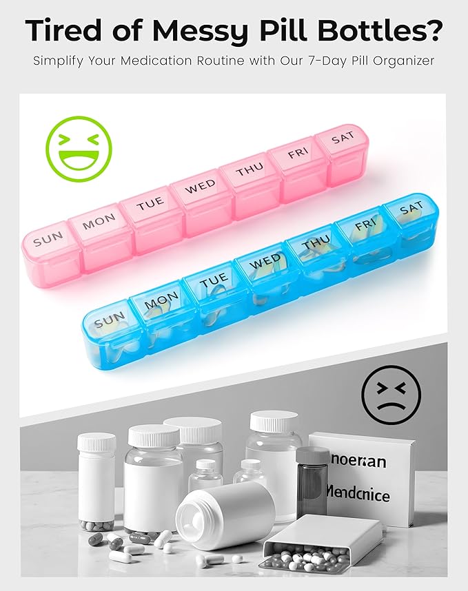 Daviky 2 Pack Weekly Pill Organizer, Large Pill Box 7 Day, AM PM Travel Medicine Case, Portable Pill Container for Vitamins, Supplements & Medications - Blue & Pink