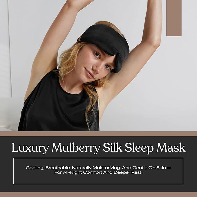 Lunya Washable Silk Sleeping Mask - Thermoregulating Mulberry Silk, Light Blocking and Comfortable Fit – Sleep Mask for Women and Men with Box - Immersed Black - Large
