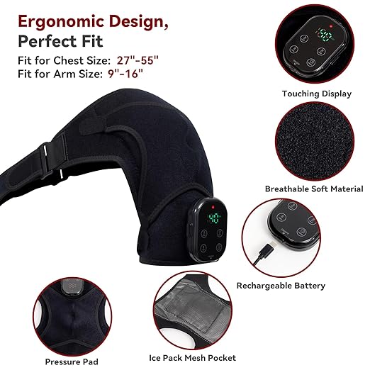 Cordless Shoulder Heating Pad with Massage, Red Light Massager for Soothe Discomfort, Heated Support Wrap for Muscle Comfort, Men & Women. (Black)