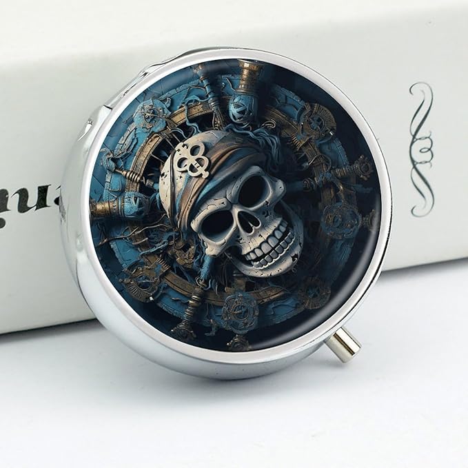 Skeleton Pirate-1 Pill Box Travel Pill Case for Purse Pocket Weekly Medicine Organizer with Mirror 3 Compartment Round Medicine Case Portable PillcaseHolder for Daily