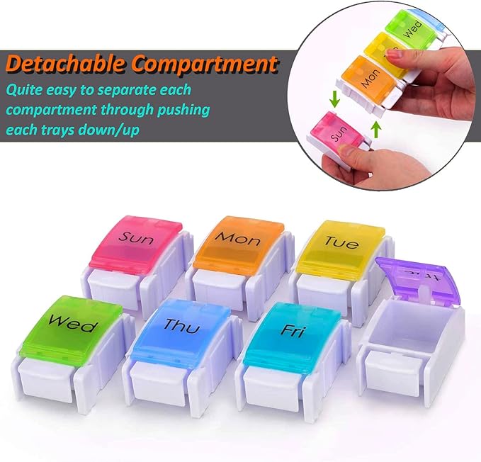 7 Day Pill Organizer, Removable Daily Cases with Rainbow Lids & Permanent Day Printing – No Stickers, Large Capacity Travel Medicine Holder for Pills, Vitamins & Fish Oil, Easy One-Handed Open (1/Day)