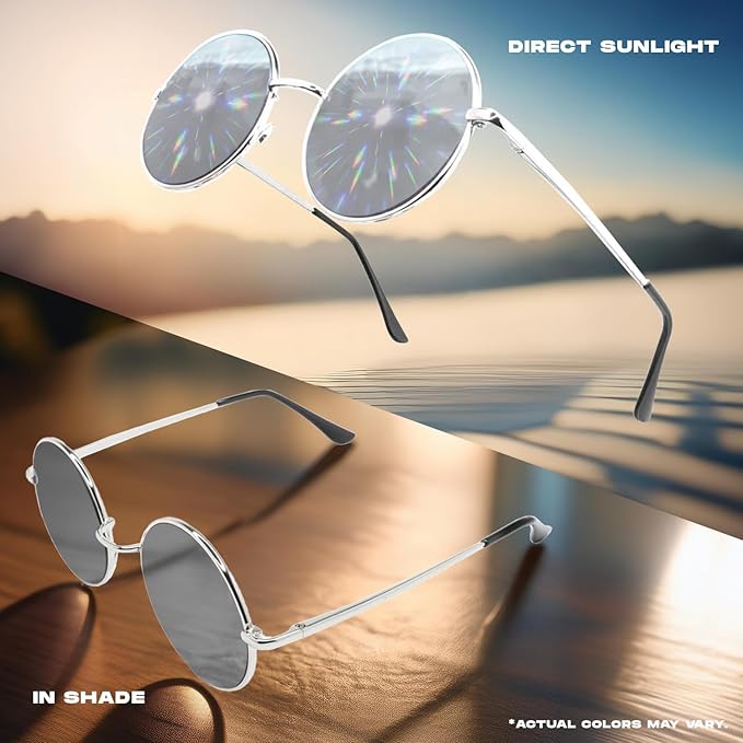 GloFX Diffraction Glasses | Hippie and Pilot Style Metal Frames with Mirror Lens and 3D Prism Rainbow Effect