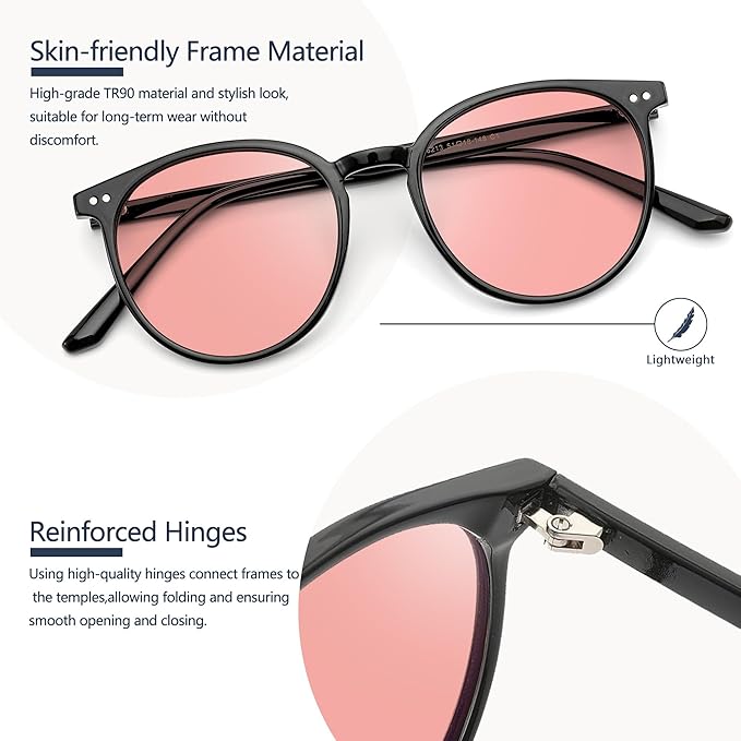 Indoor Fluorescent-41 Pink Round Tinted Blue Light Blocking Glasses for Migraine, Light Sensitivity, Photophobia & LED Gaming Computer Screen Glare RF6213
