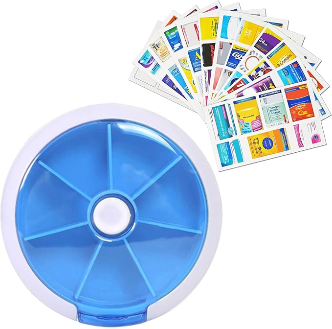 7 Grids Travel Pill Organizer Box 84-Pcs Medicine Name Labels Weekly 7-Day Pill Case Portable Medication Dispenser for Vitamins, Fish Oil & Supplements