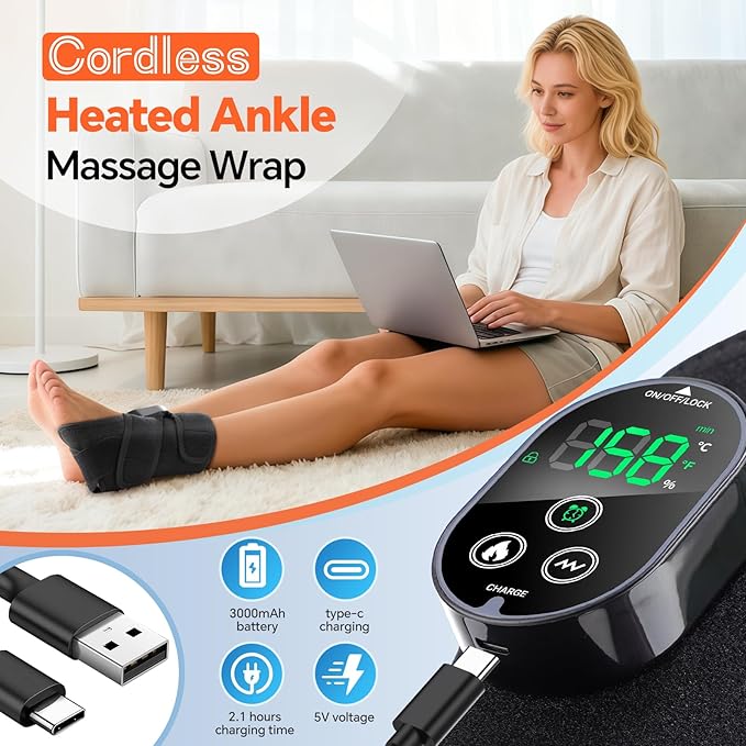 Cordless Foot Massager for Neuropathy, Rechargeable Foot and Ankle Massager for Circulation and Pain Relief, Ankle Heating Pad with Massage, Heated Ankle Brace Wrap, Black